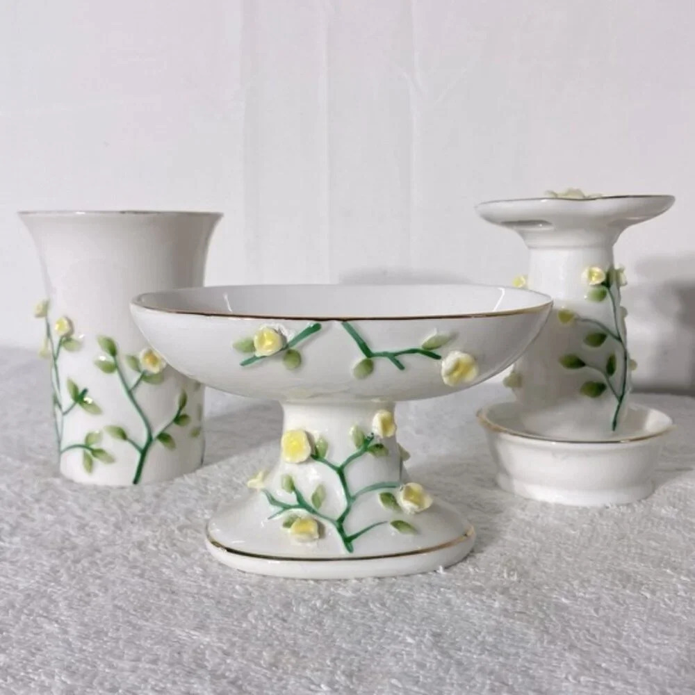 Vintage Ceramic Yellow Flower Bathroom Set Toothbrush  Holder Cup Soap Dish